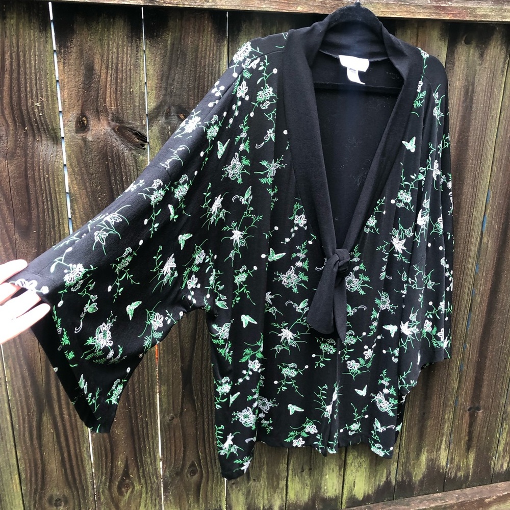 Slinky Floral Kimono by Carolyn Strauss Size 3X Black Green Travel